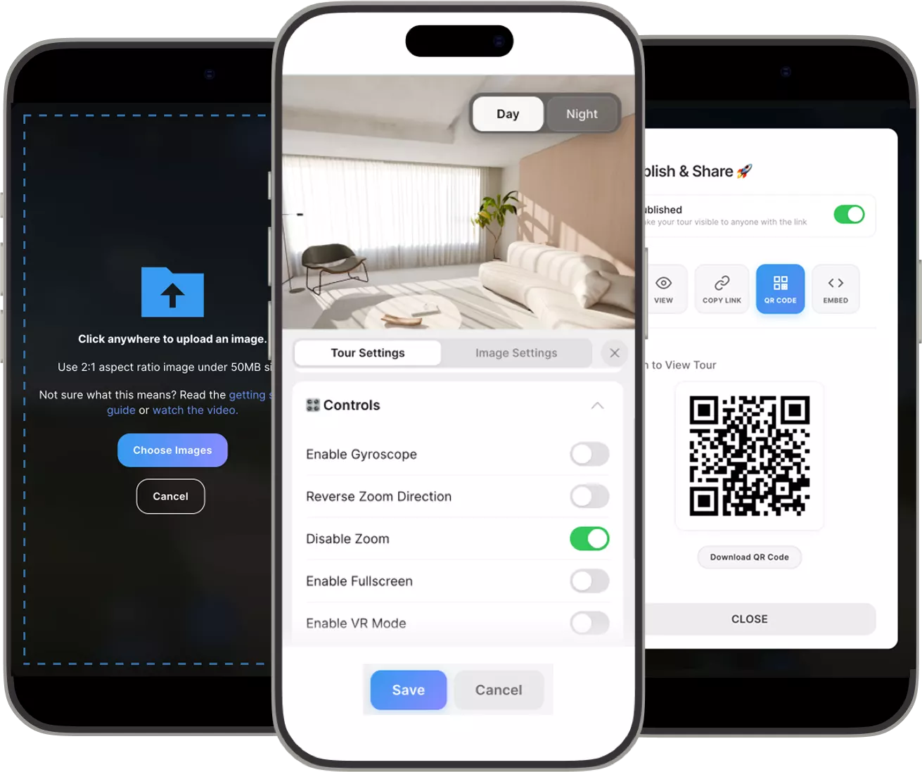 Three phones showing the Koala 360 workflow: upload, customise, and publish